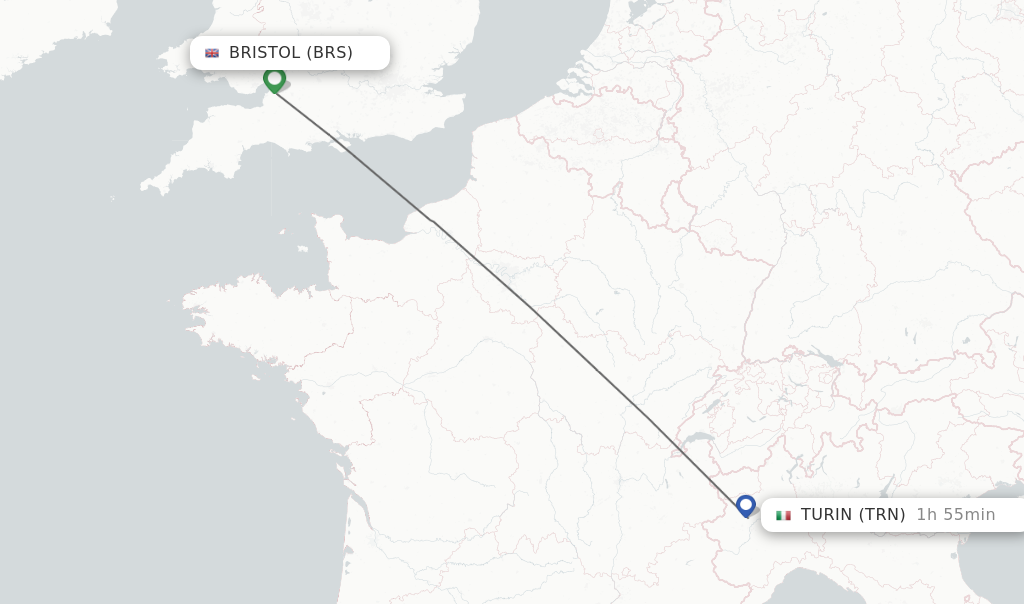 Flights from Bristol to Turin route map