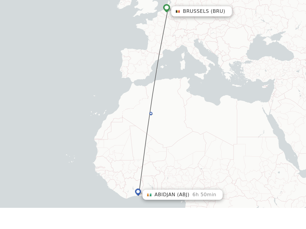 Flights from Brussels to Abidjan route map