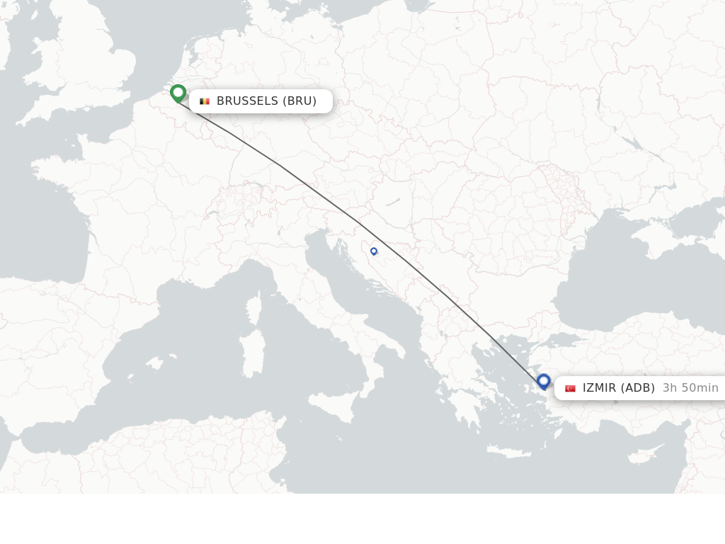 Flights from Brussels to Izmir route map