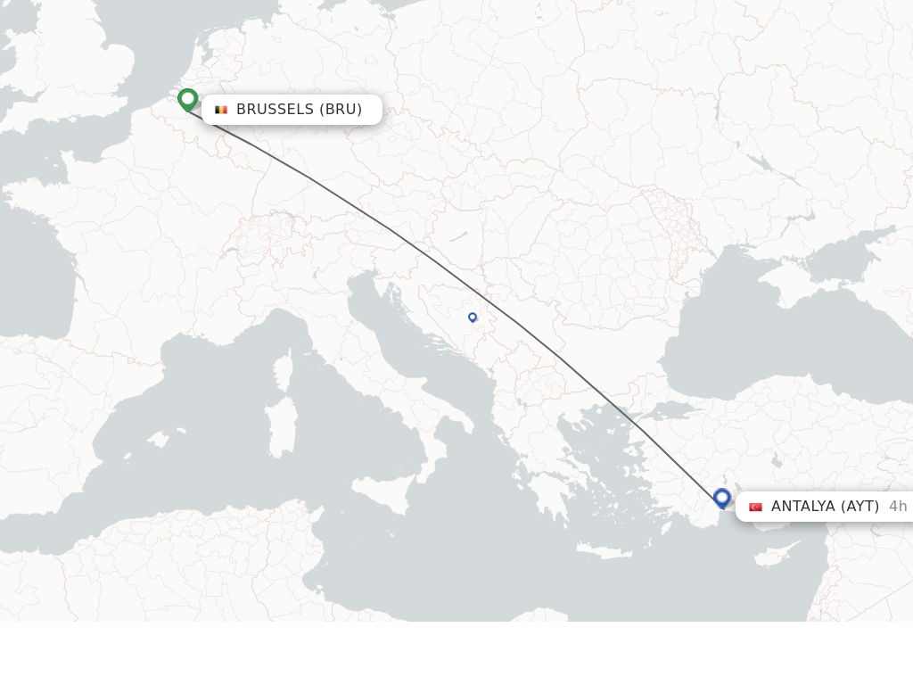 Flights from Brussels to Antalya route map
