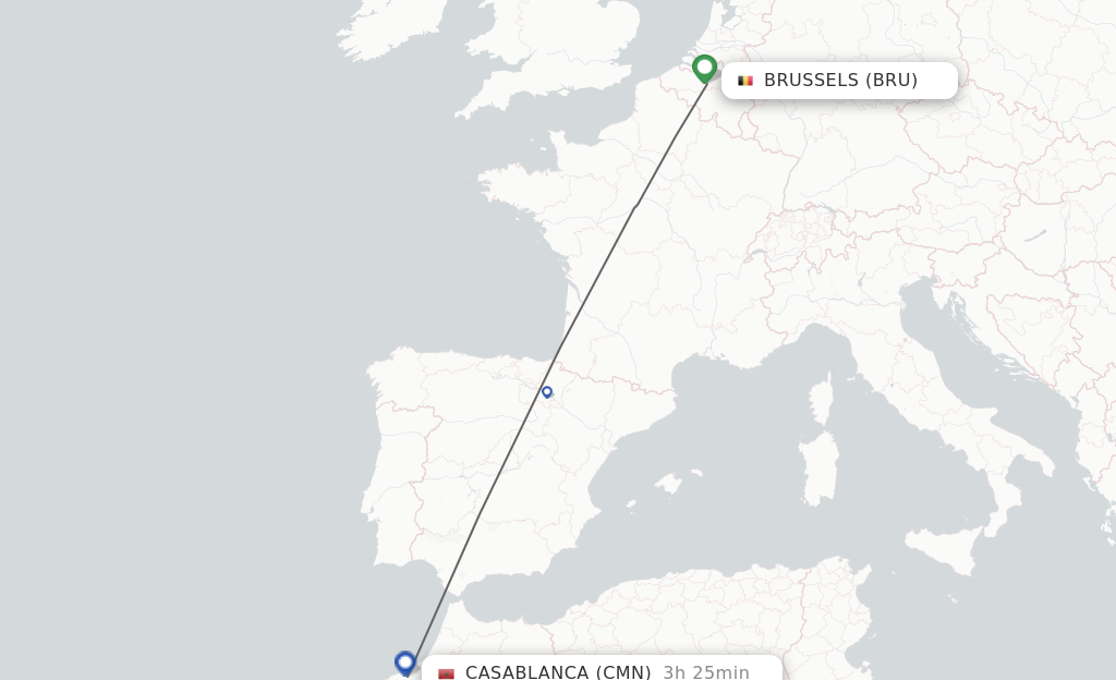 Flights from Brussels to Casablanca route map