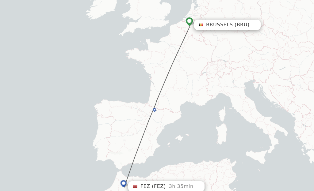 Flights from Brussels to Fes route map
