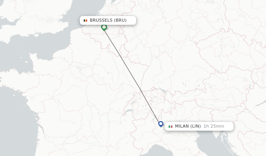 Flights from Brussels to Milan route map