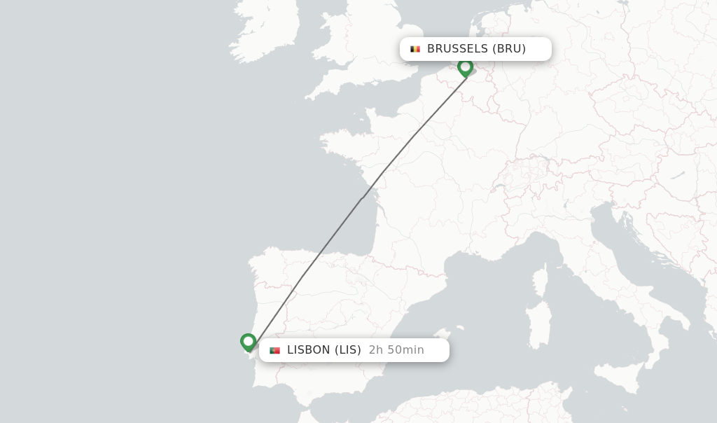 Flights from Brussels to Lisbon route map