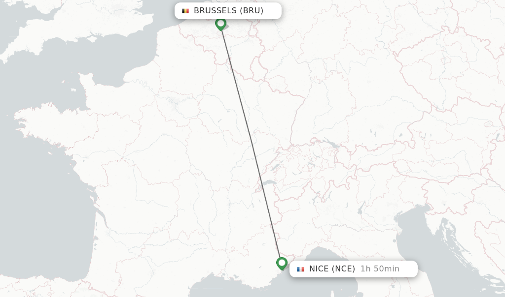 Flights from Brussels to Nice route map