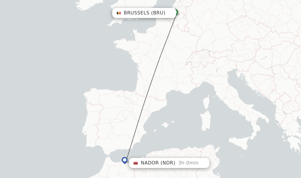 Flights from Brussels to Nador route map