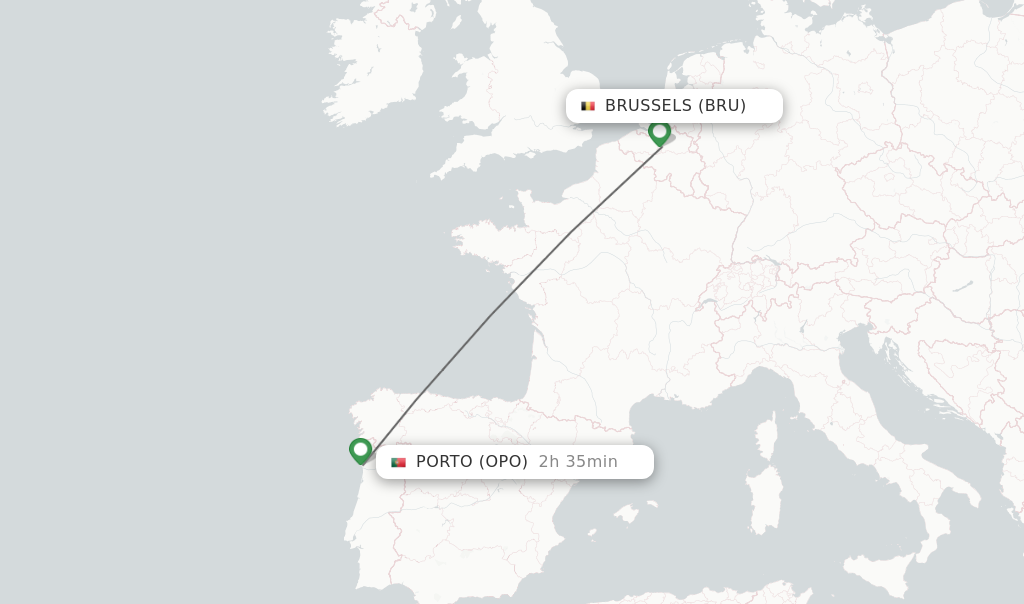 Flights from Brussels to Porto route map
