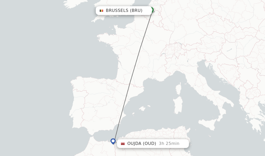 Flights from Brussels to Oujda route map