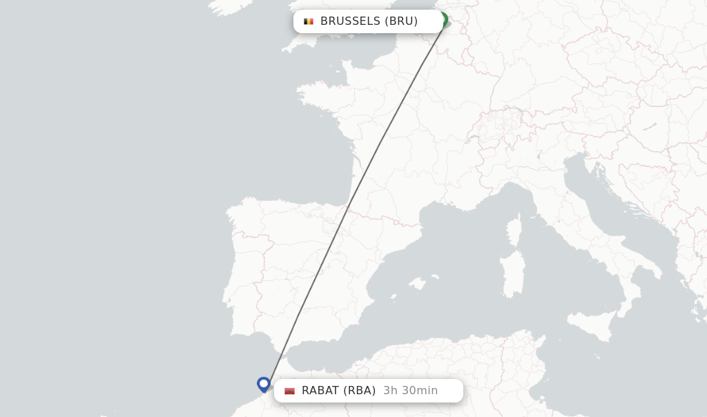 Flights from Brussels to Rabat route map