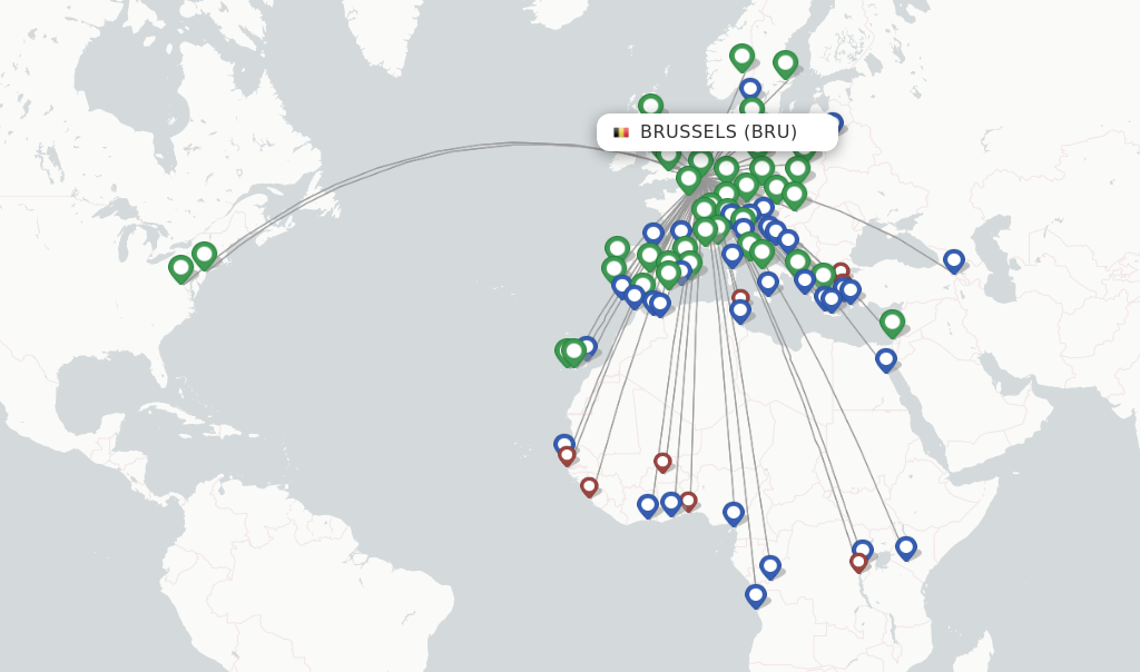 Route map with flights from Brussels with Brussels Airlines