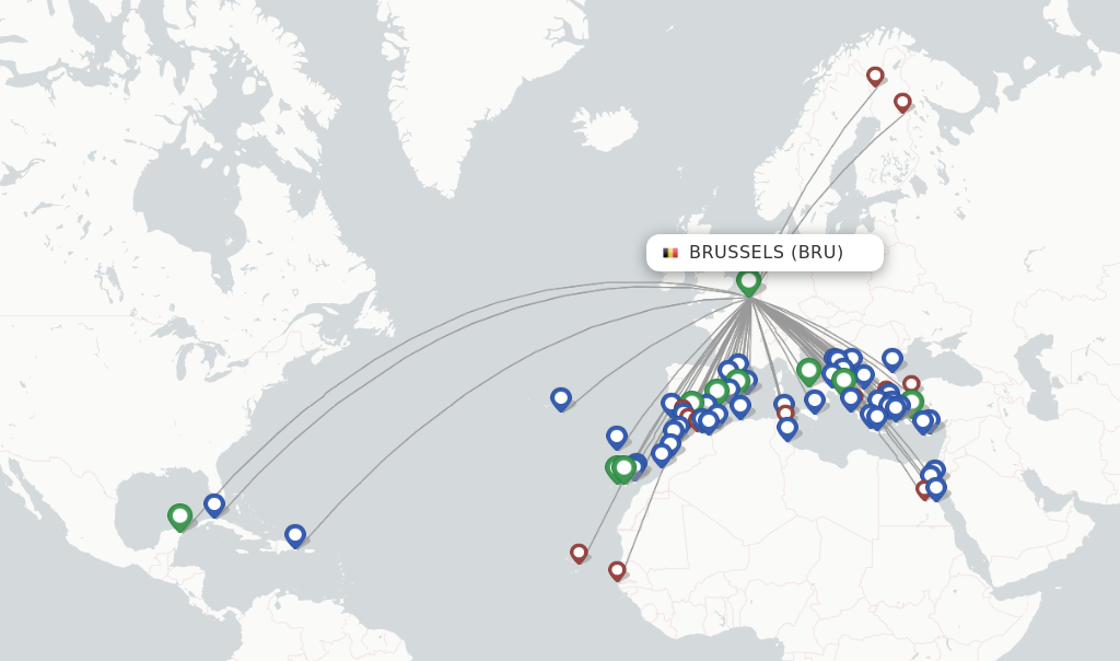 Route map with flights from Brussels with TUI fly