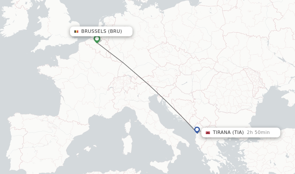 Flights from Brussels to Tirana route map