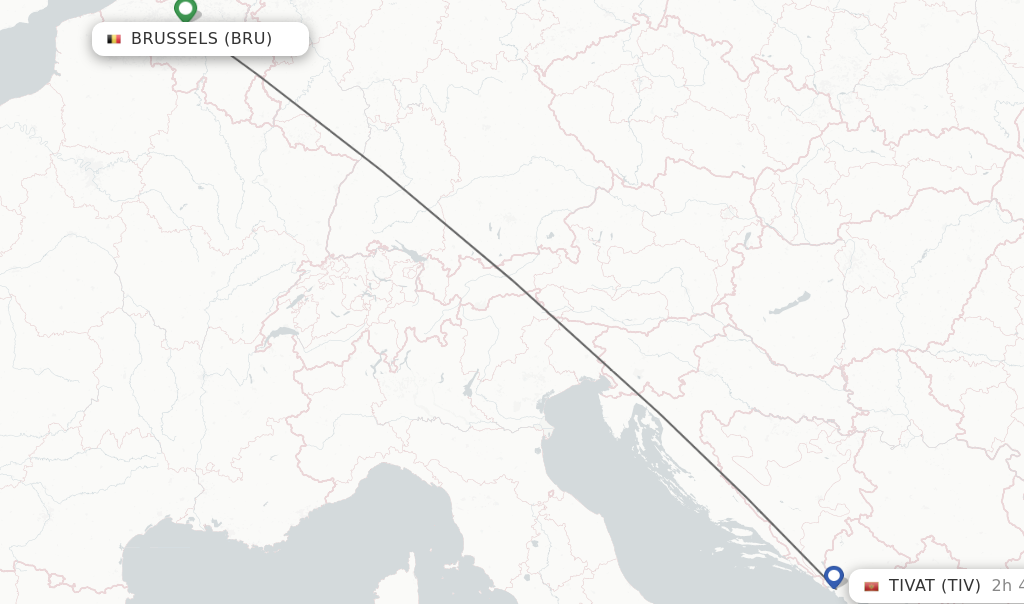 Flights from Brussels to Tivat route map