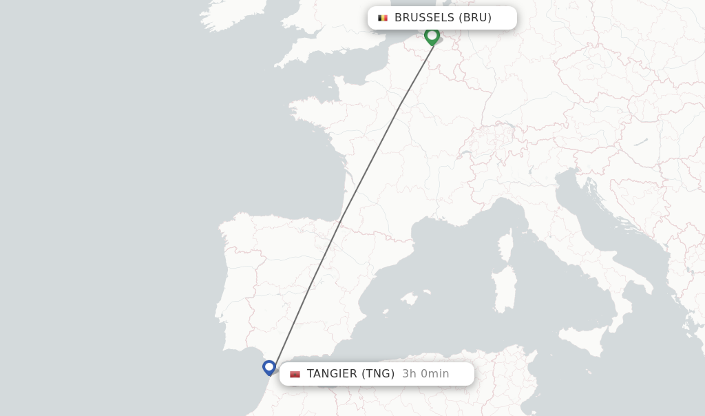 Flights from Brussels to Tangier route map