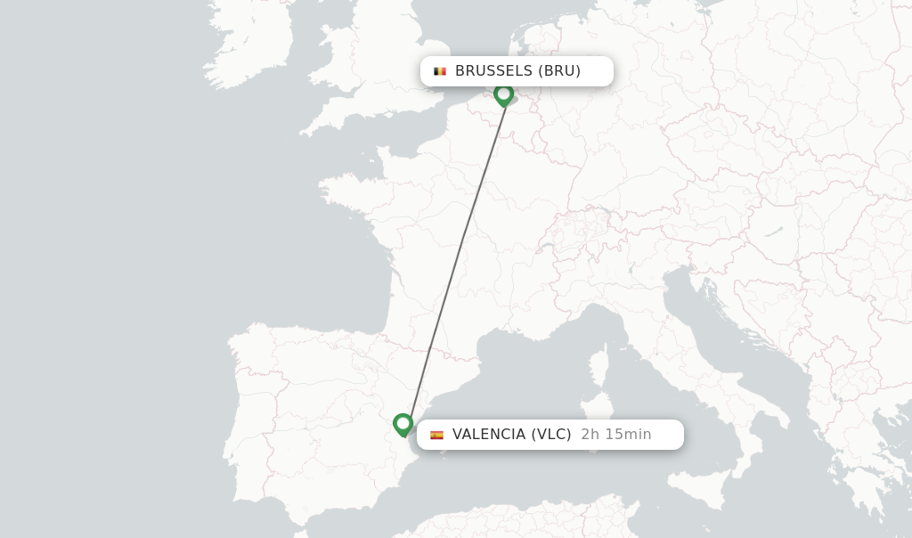 Flights from Brussels to Valencia route map