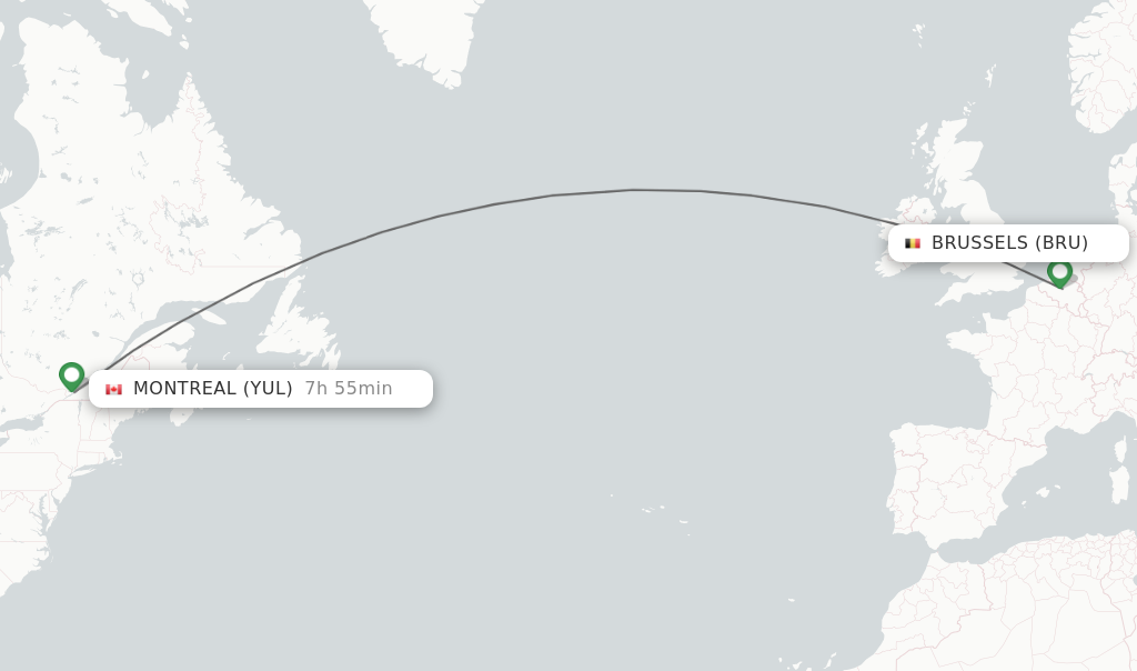 Flights from Brussels to Montreal route map