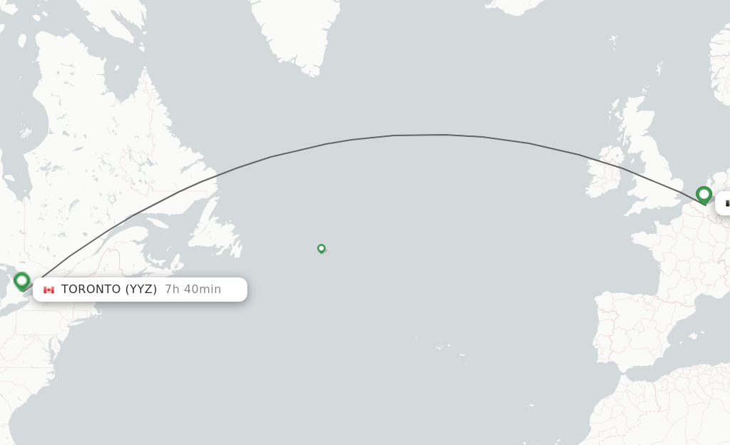 Flights from Brussels to Toronto route map