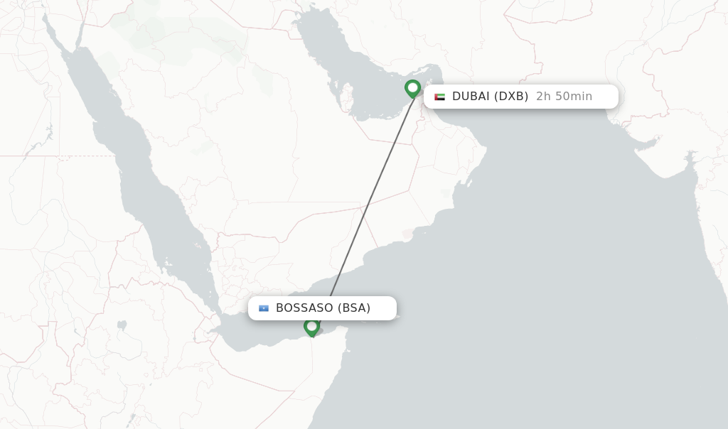 Flights from Bossaso to Dubai route map