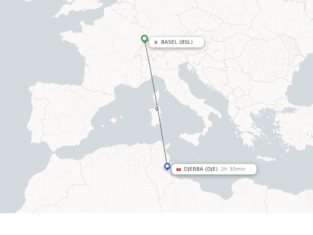 Flights from Basel, Switzerland/Mulhouse to Djerba route map