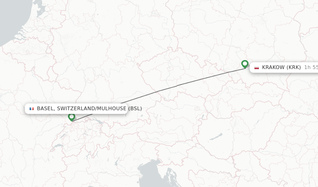 Flights from Basel, Switzerland/Mulhouse to Krakow route map