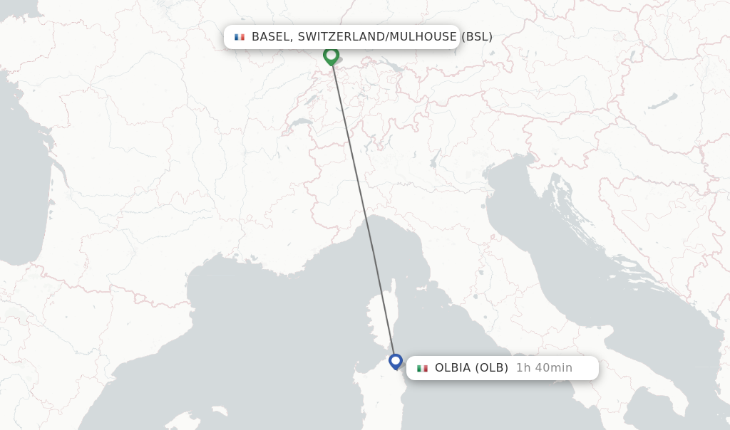 Flights from Basel, Switzerland/Mulhouse to Olbia route map