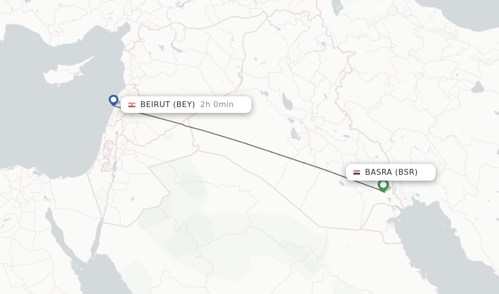 Flights from Basra to Beirut route map