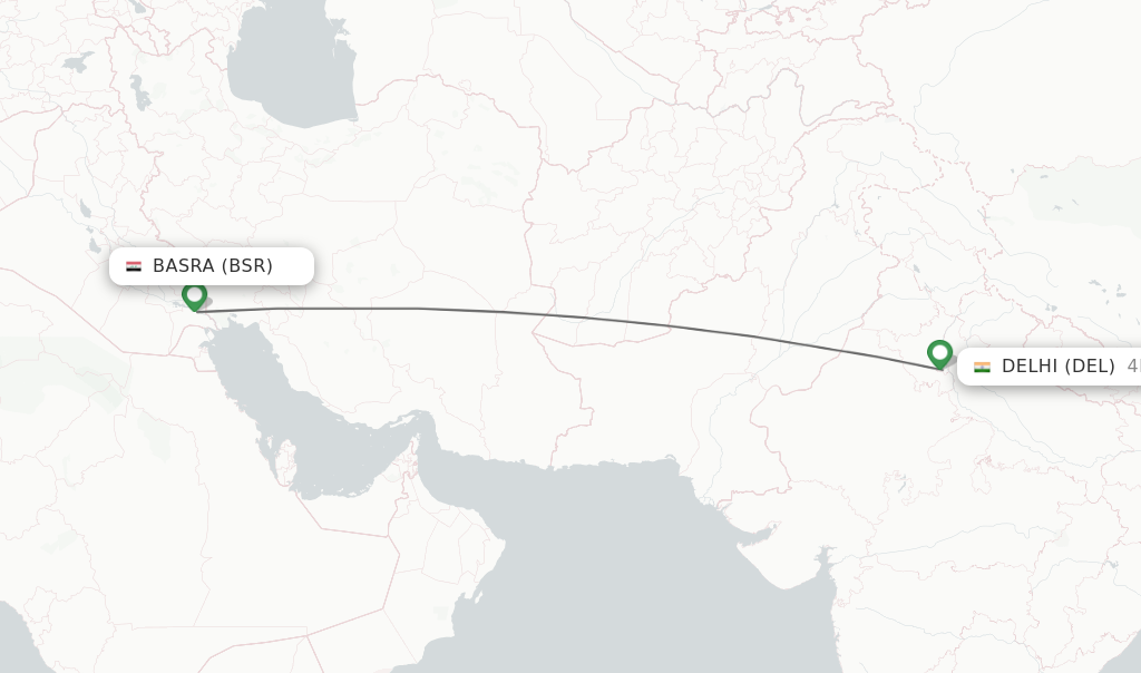 Flights from Basra to Delhi route map