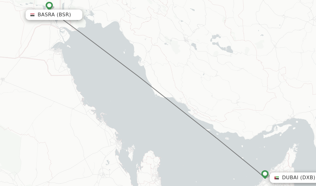 Flights from Basra to Dubai route map