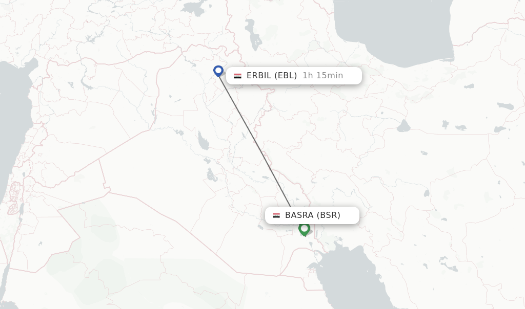 Flights from Basra to Erbil route map