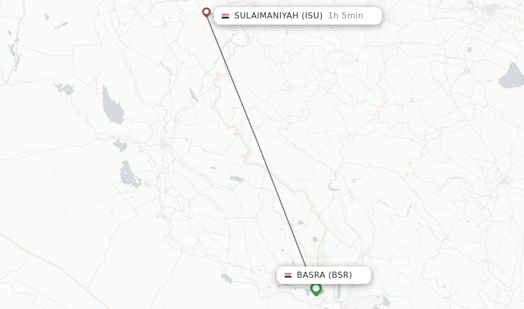 Flights from Basra to Sulaimaniyah route map
