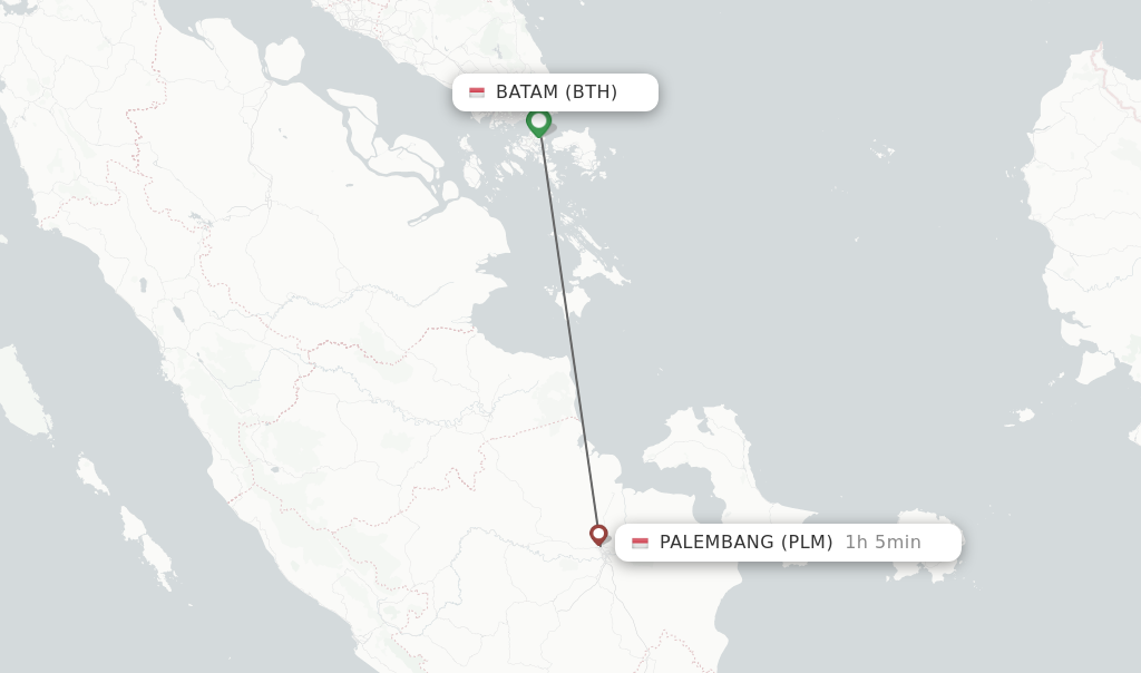 Flights from Batam to Palembang route map