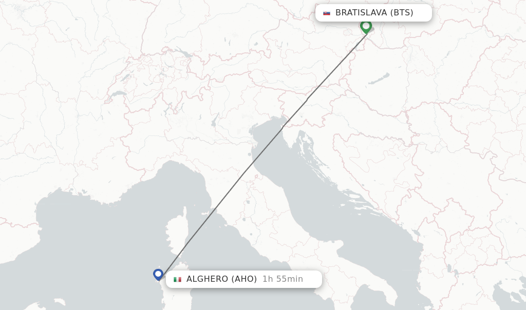 Flights from Bratislava to Alghero route map