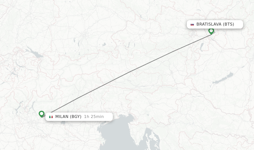 Flights from Bratislava to Milan route map