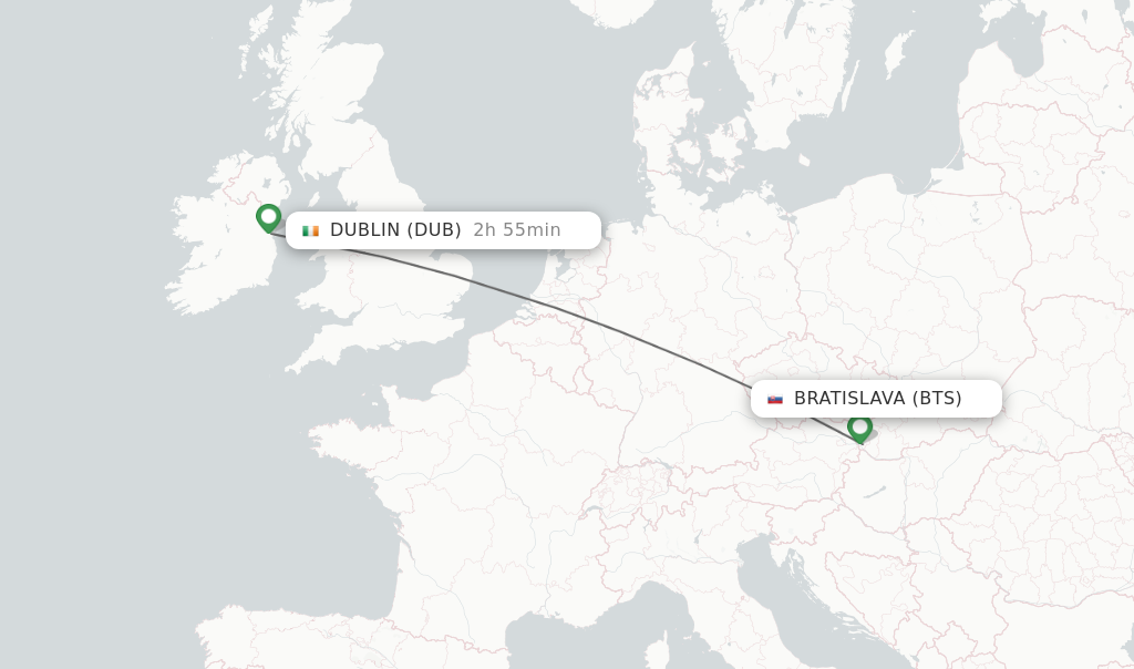 Flights from Bratislava to Dublin route map