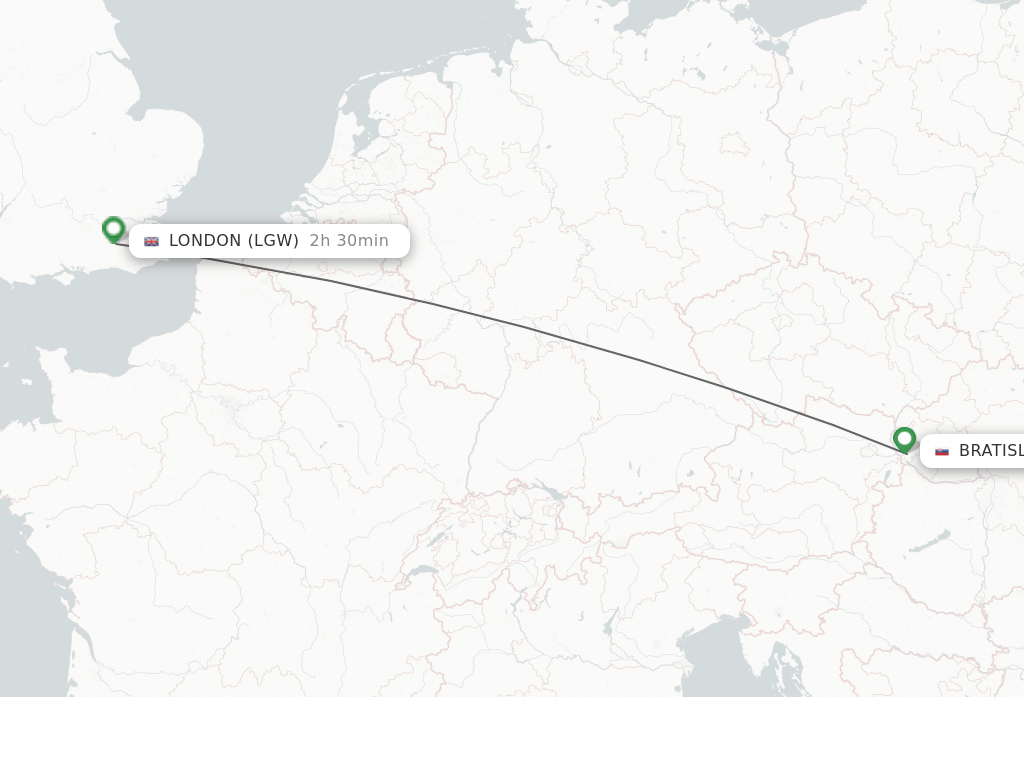 Flights from Bratislava to London route map