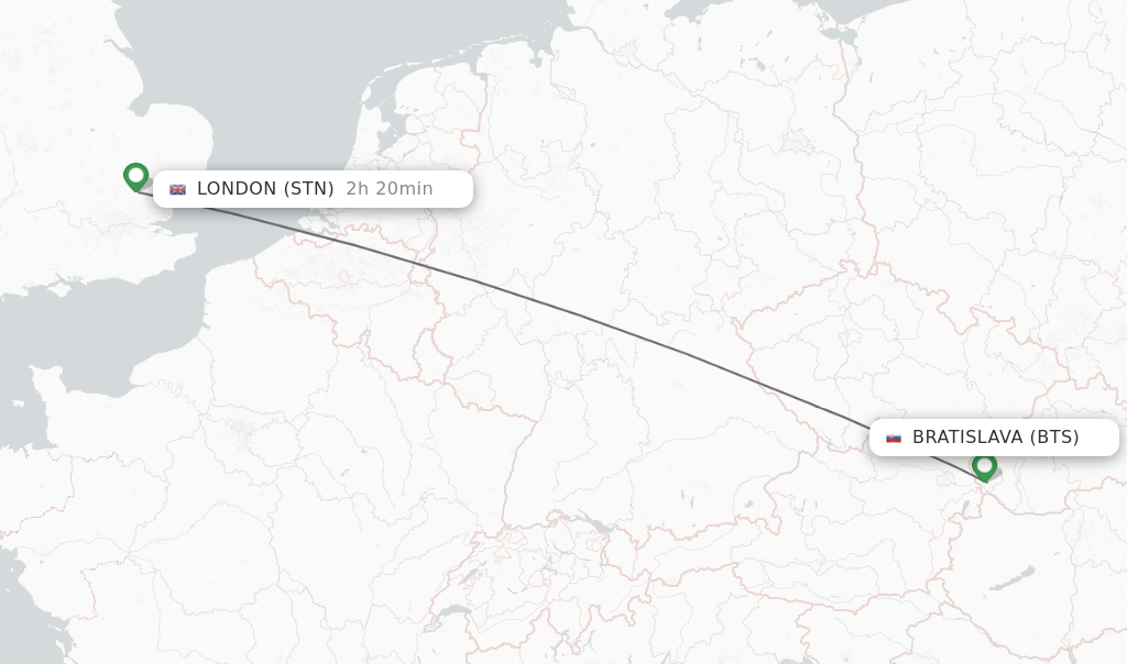 Flights from Bratislava to London route map