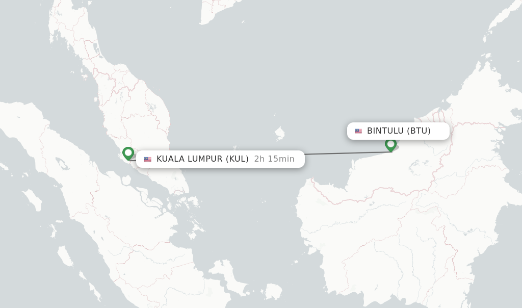 Flights from Bintulu to Kuala Lumpur route map