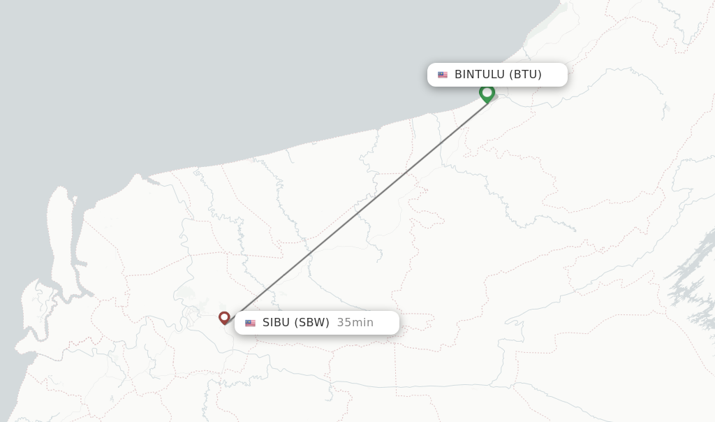 Flights from Bintulu to Sibu route map