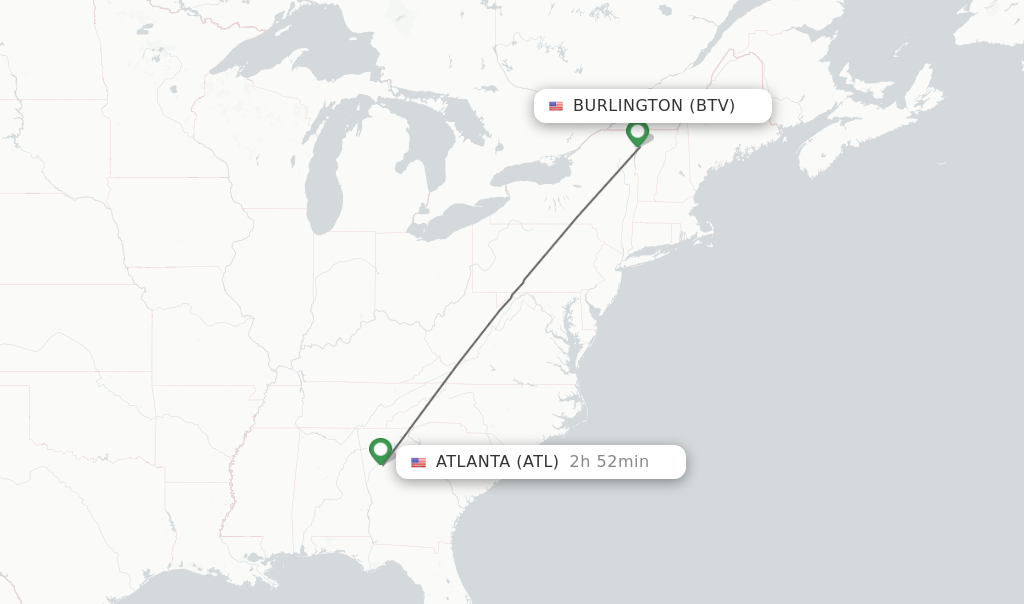 Flights from Burlington to Atlanta route map