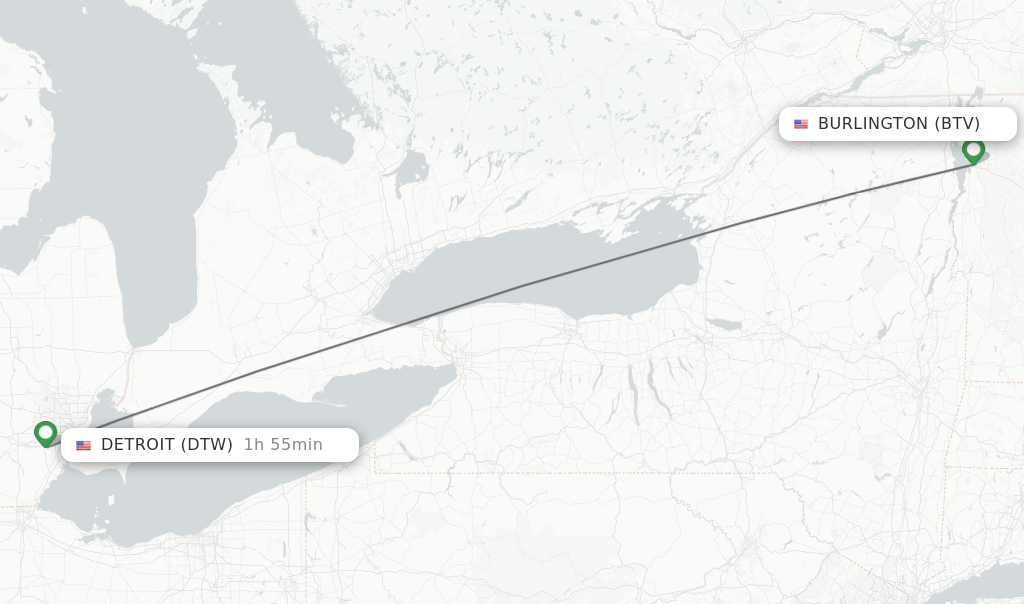 Flights from Burlington to Detroit route map