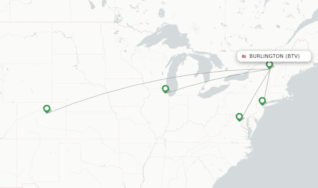 Route map with flights from Burlington with United