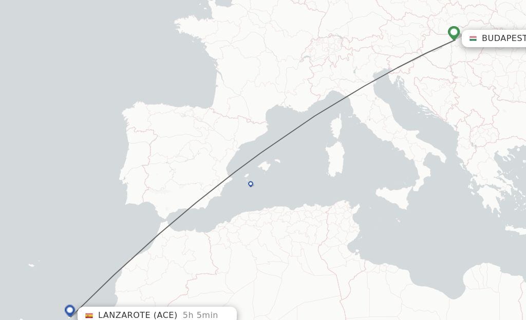 Flights from Budapest to Lanzarote route map