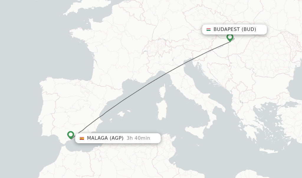 Flights from Budapest to Malaga route map