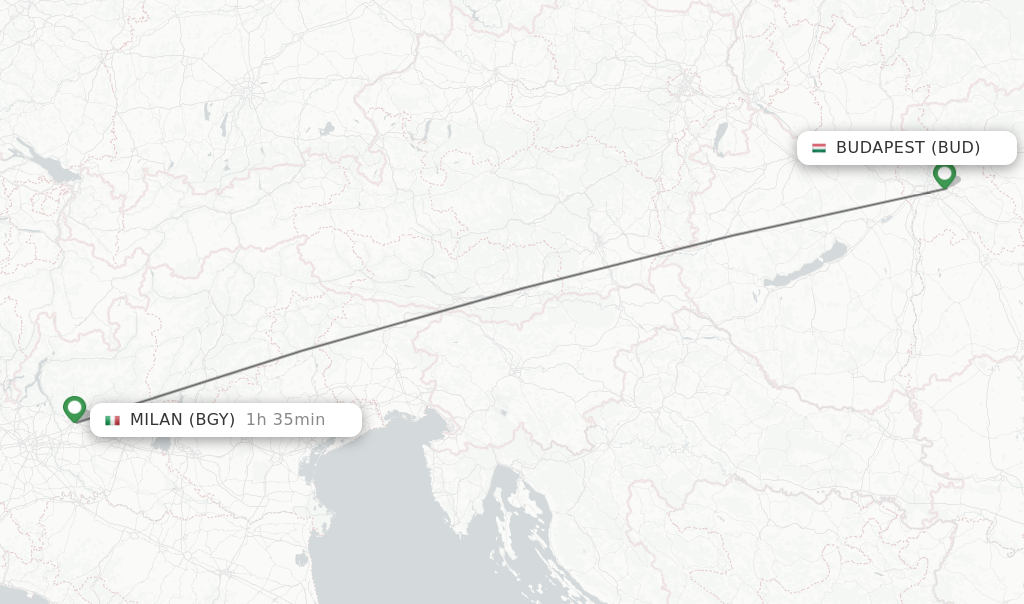 Flights from Budapest to Milan route map