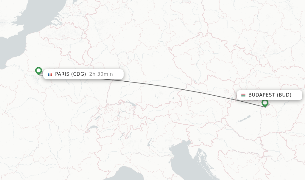 Flights from Budapest to Paris route map