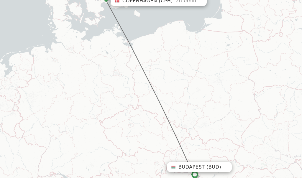 Flights from Budapest to Copenhagen route map