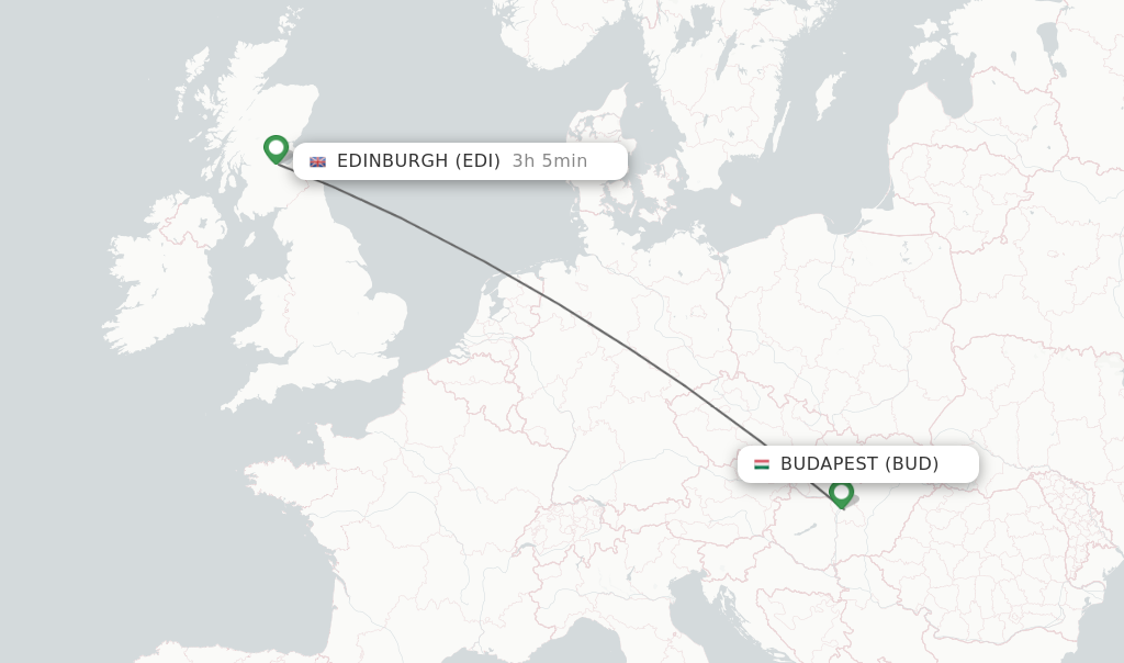Flights from Budapest to Edinburgh route map