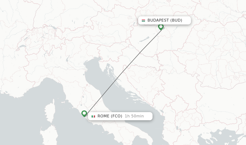 Flights from Budapest to Rome route map