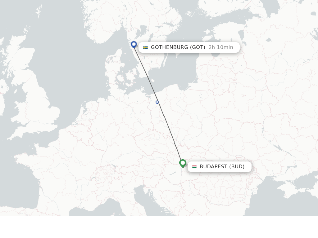 Flights from Budapest to Gothenburg route map