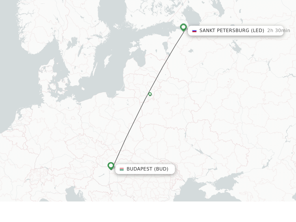 Flights from Budapest to Saint Petersburg route map